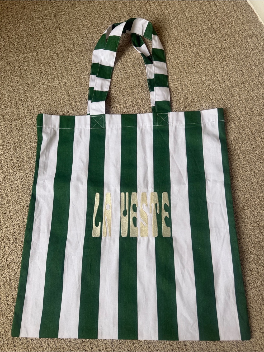 La Veste Green and White Striped Tote Bag with Gold Stitching